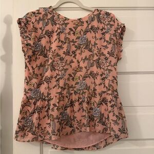 LOFT Pink Floral Ruffle-Hem Blouse